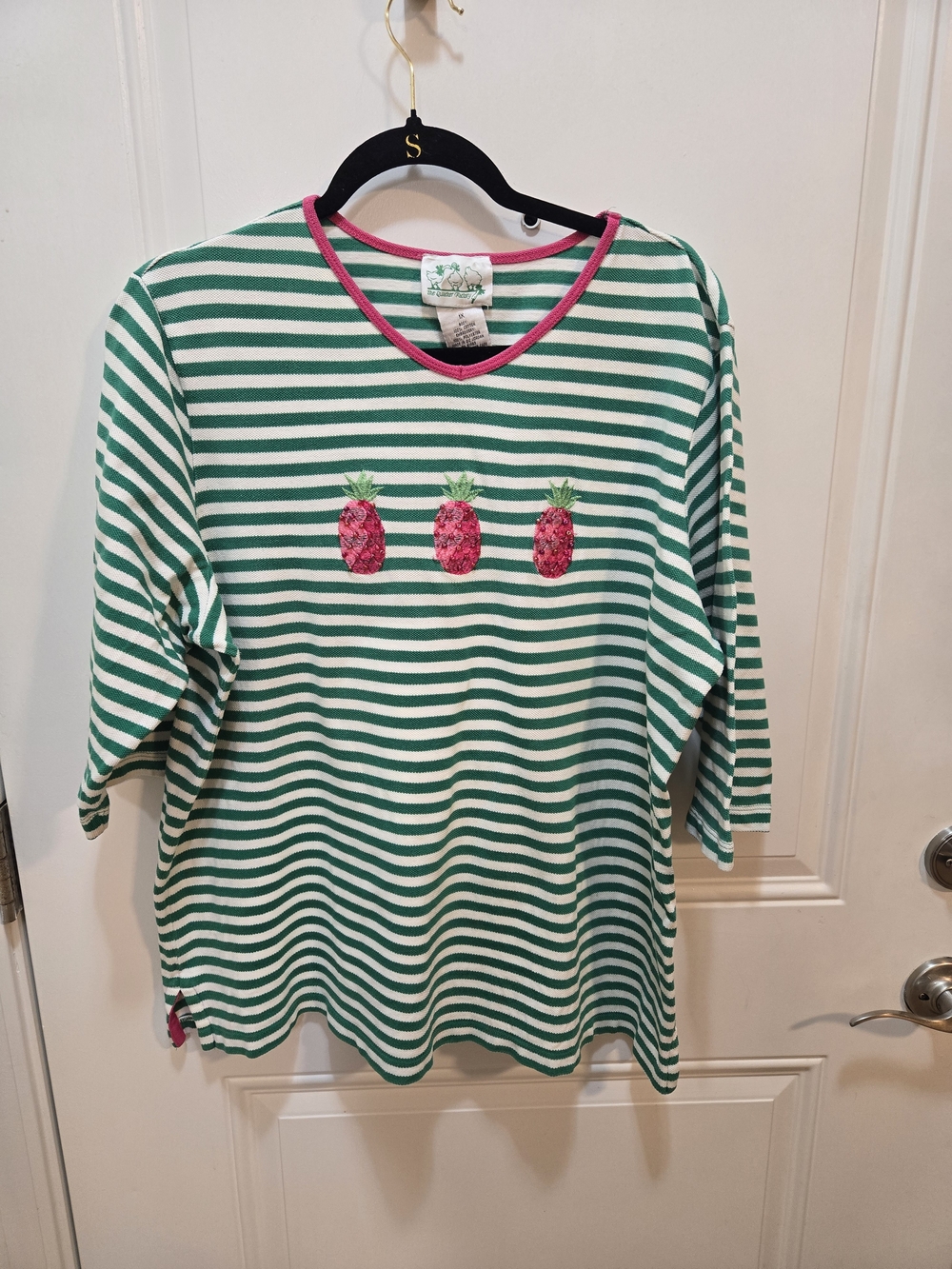 Quacker Factory Green & White Striped Top with Pink Pineapple Appliqués